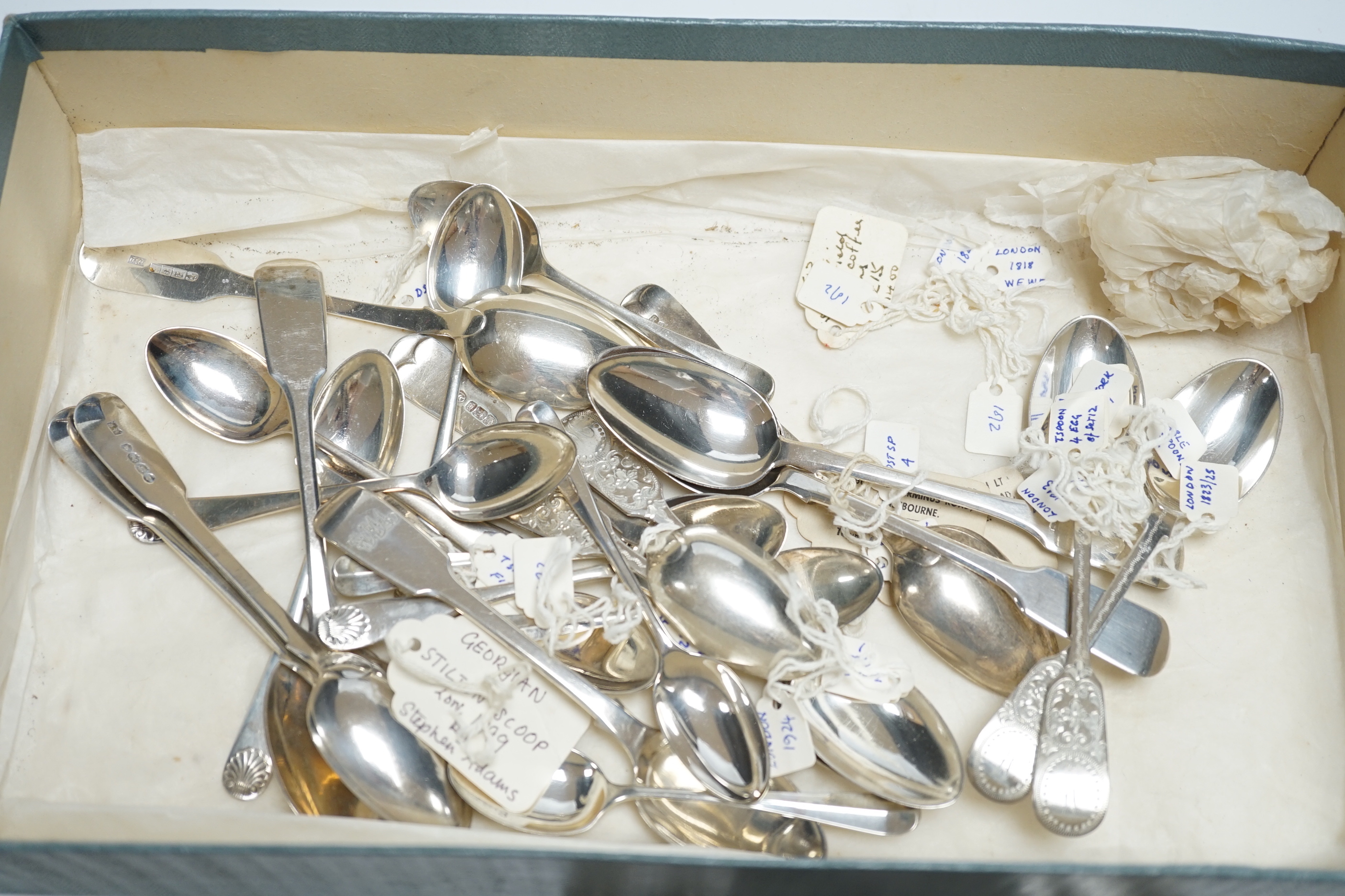 Assorted silver flatware, including teaspoons, various dates and makers, a pair of late Victorian silver Old English pattern sauce ladles, London, 1895 and a George III silver Old English pattern stilton scoop